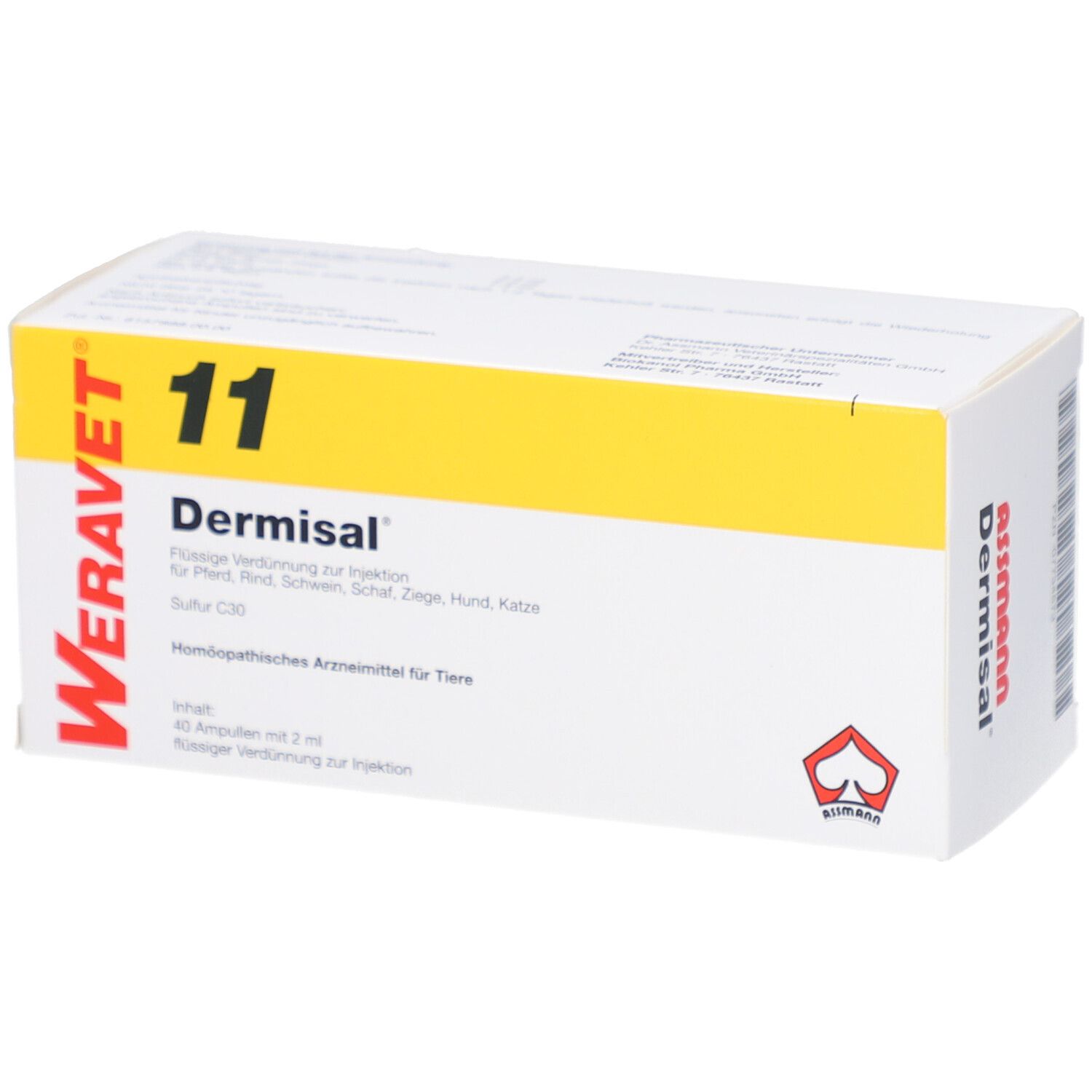 Weißer Karton mit gelbem Streifen. Aufschrift: 11, Dermisal, WERA VET. Rotes Logo. Text in Deutsch.