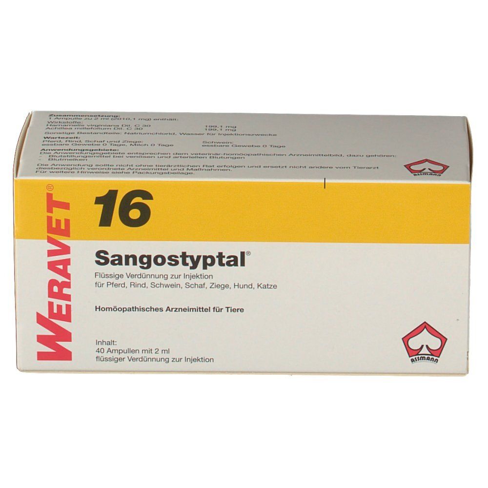 Weravet 16 Sangostyptal-Verpackung. Gelb-weiße Schachtel mit Produktnamen und Logo. Enthält 40 Ampullen mit 2 ml Flüssigkeit.