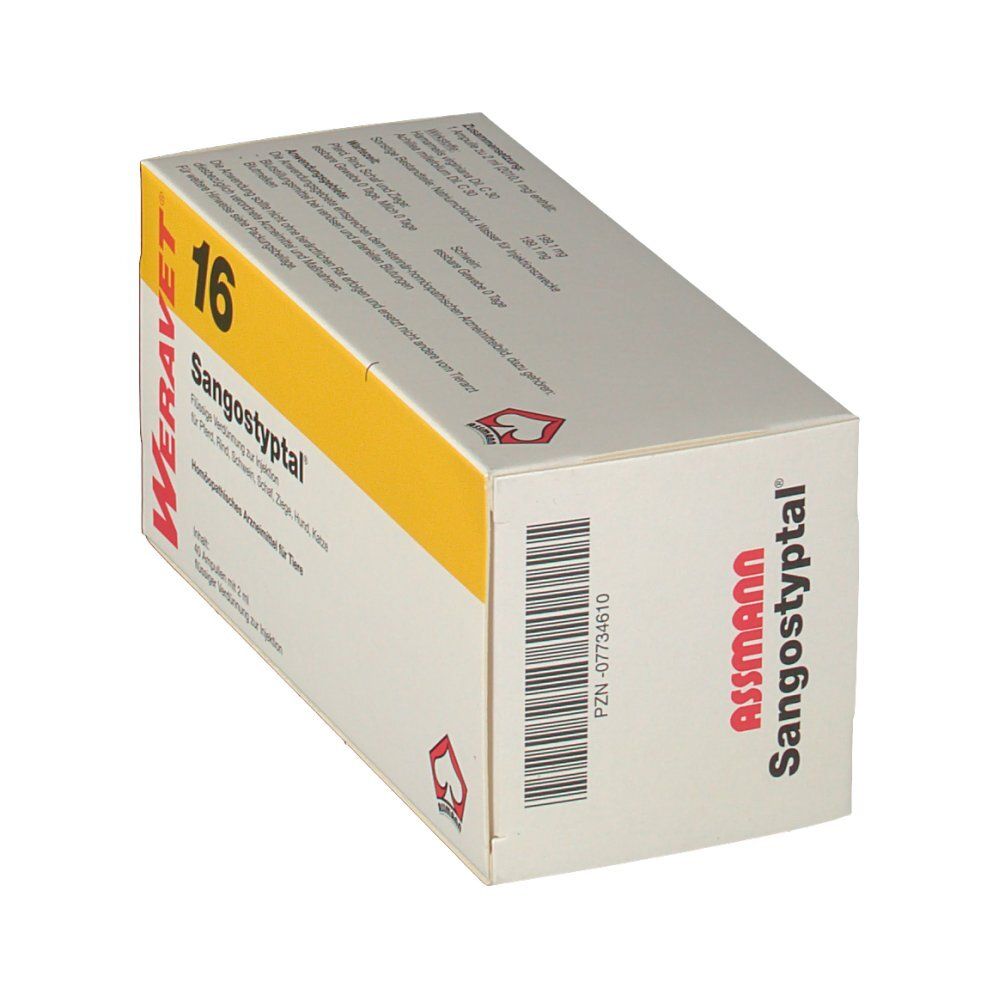Weravet 16 Sangostyptal-Verpackung, schräg. Gelb-weiße Schachtel mit Produktnamen und Logo. Assmann-Logo auf der Seite.