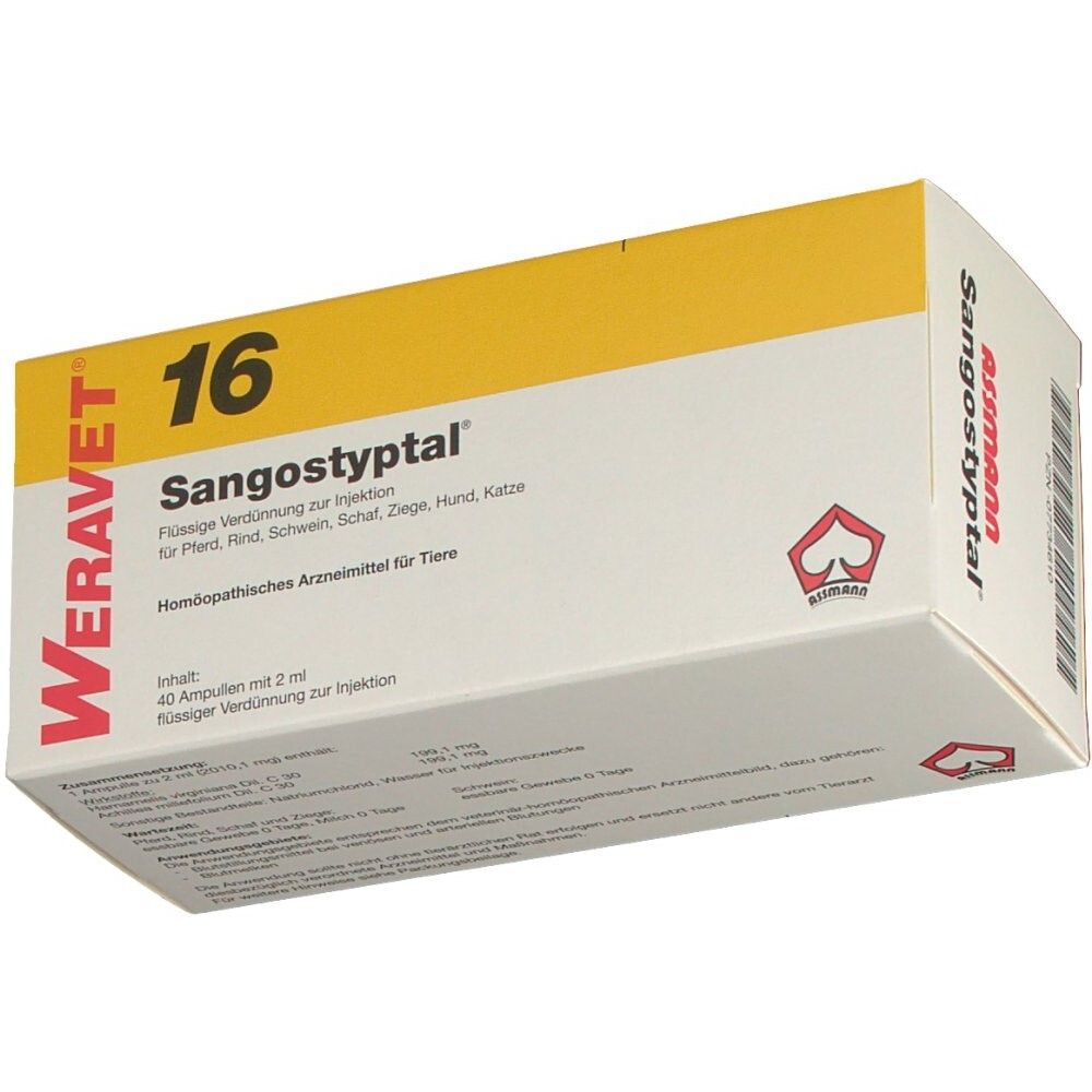 Weravet 16 Sangostyptal-Verpackung. Gelb-weiße Schachtel mit Produktnamen und Logo. Enthält 40 Ampullen mit 2 ml Flüssigkeit.