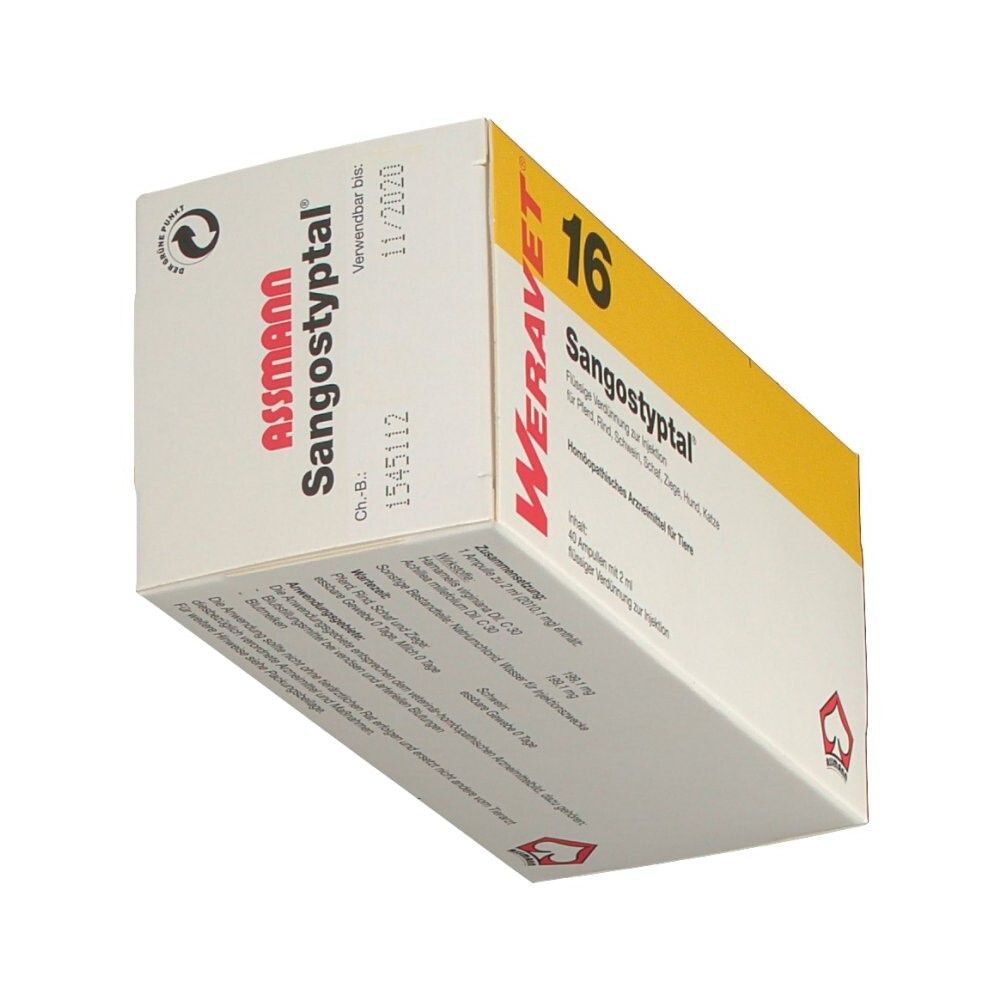 Weravet 16 Sangostyptal-Verpackung, schräg. Gelb-weiße Schachtel mit Produktnamen und Logo. Verfallsdatum 11/2020.