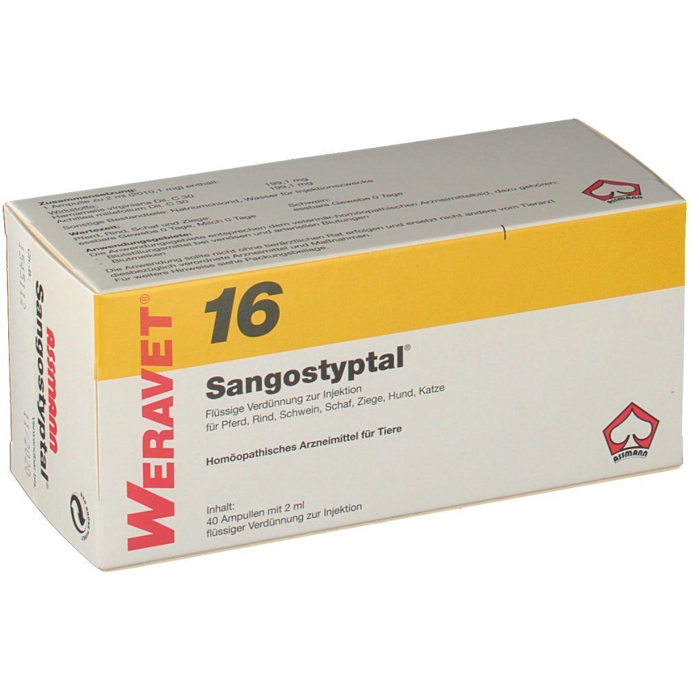 Weravet 16 Sangostyptal-Verpackung. Gelb-weiße Schachtel mit Produktnamen und Logo. Enthält 40 Ampullen mit 2 ml Flüssigkeit.
