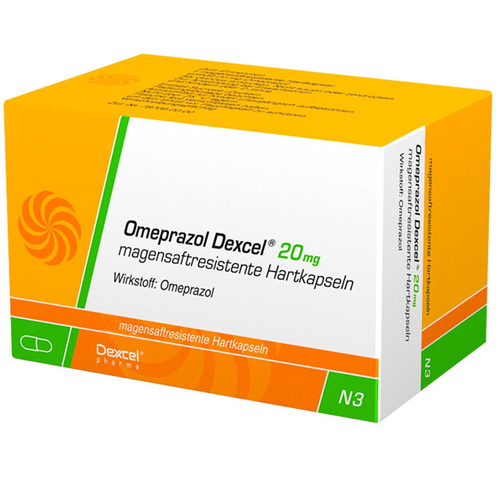 Omeprazol Dexcel 20 mg, magensaftresistente Hartkapseln. Gelb-weiße Schachtel mit grünen Akzenten. Text.