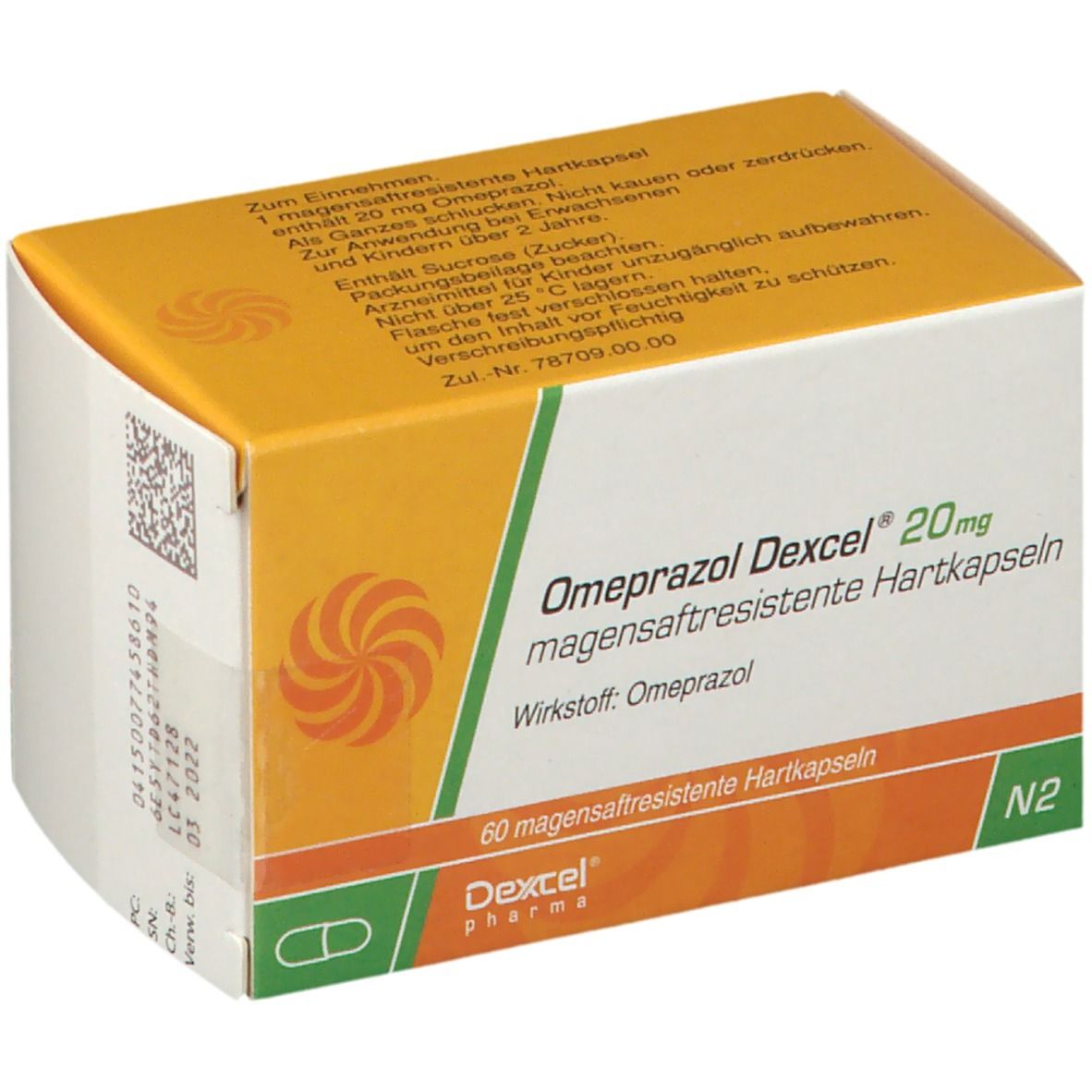 Karton Omeprazol Dexcel 20 mg, magensaftresistente Hartkapseln. Gelb-weiß, Text und Logo. 60 Kapseln. Dexcel Pharma.