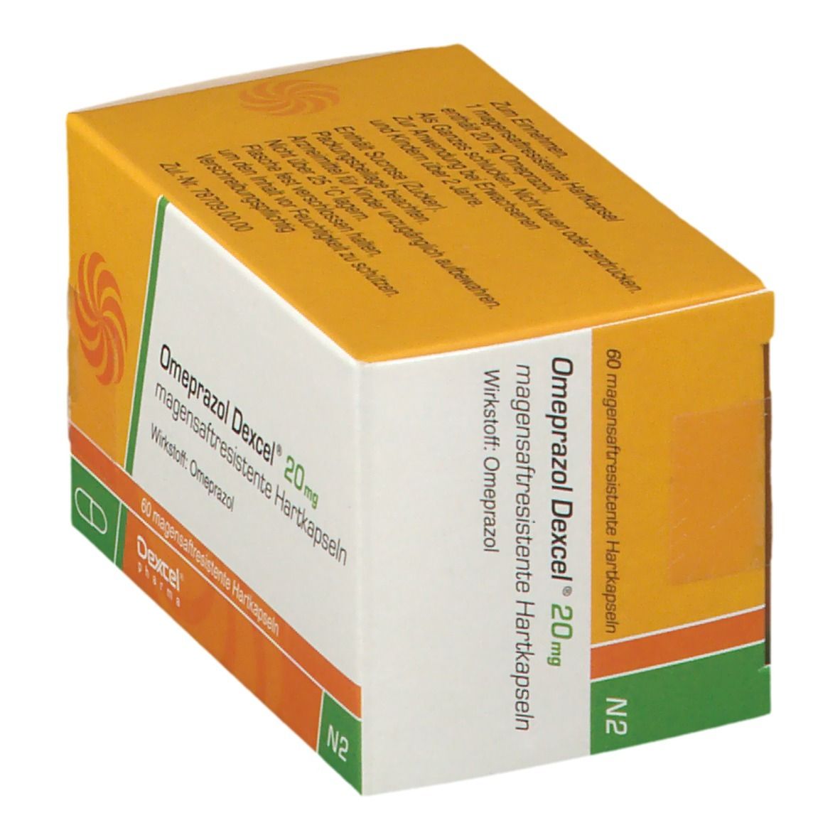 Karton Omeprazol Dexcel 20 mg, magensaftresistente Hartkapseln. Gelb-weiß, Text und Logo. 60 Kapseln. Dexcel Pharma.