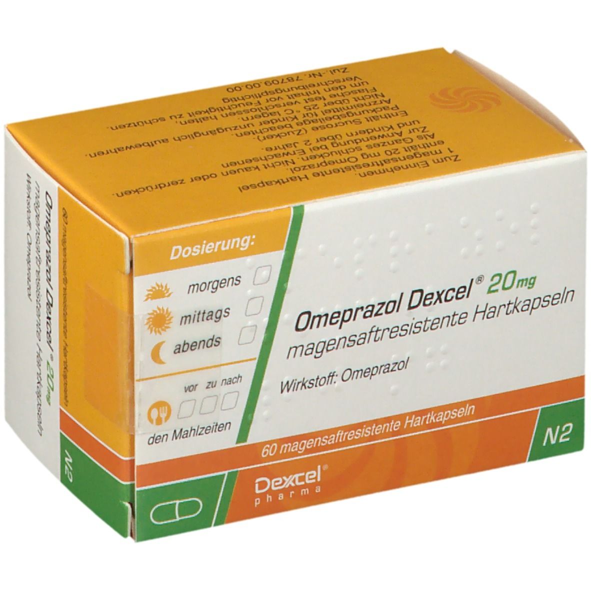 Karton Omeprazol Dexcel 20 mg, magensaftresistente Hartkapseln. Gelb-weiß, Text und Logo. 60 Kapseln. Dexcel Pharma.
