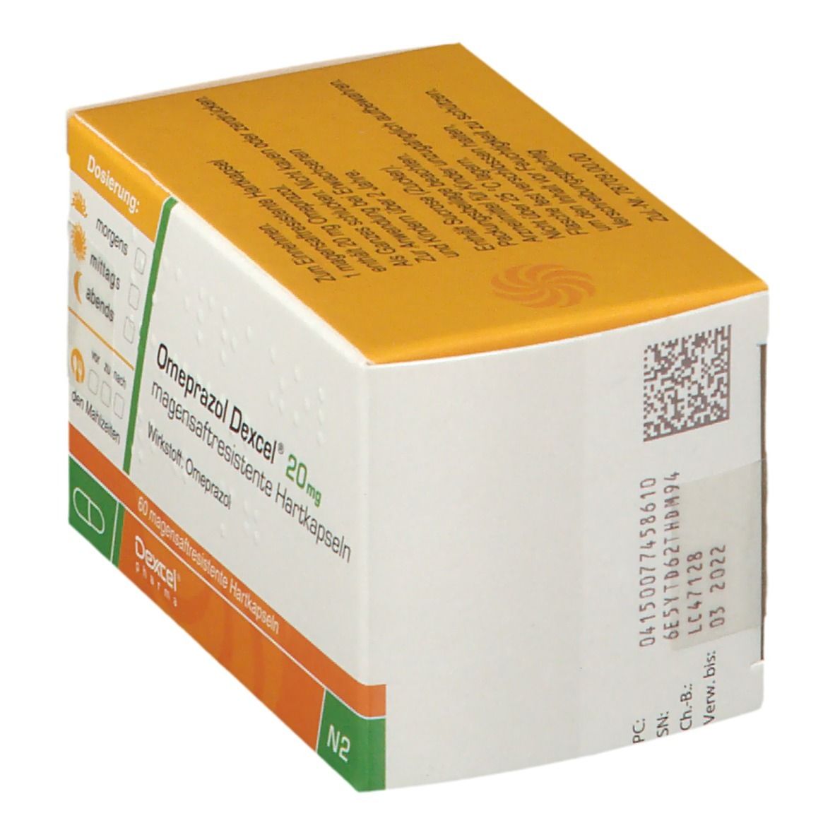 Karton Omeprazol Dexcel 20 mg, magensaftresistente Hartkapseln. Gelb-weiß, Text und Logo. 60 Kapseln. Dexcel Pharma.