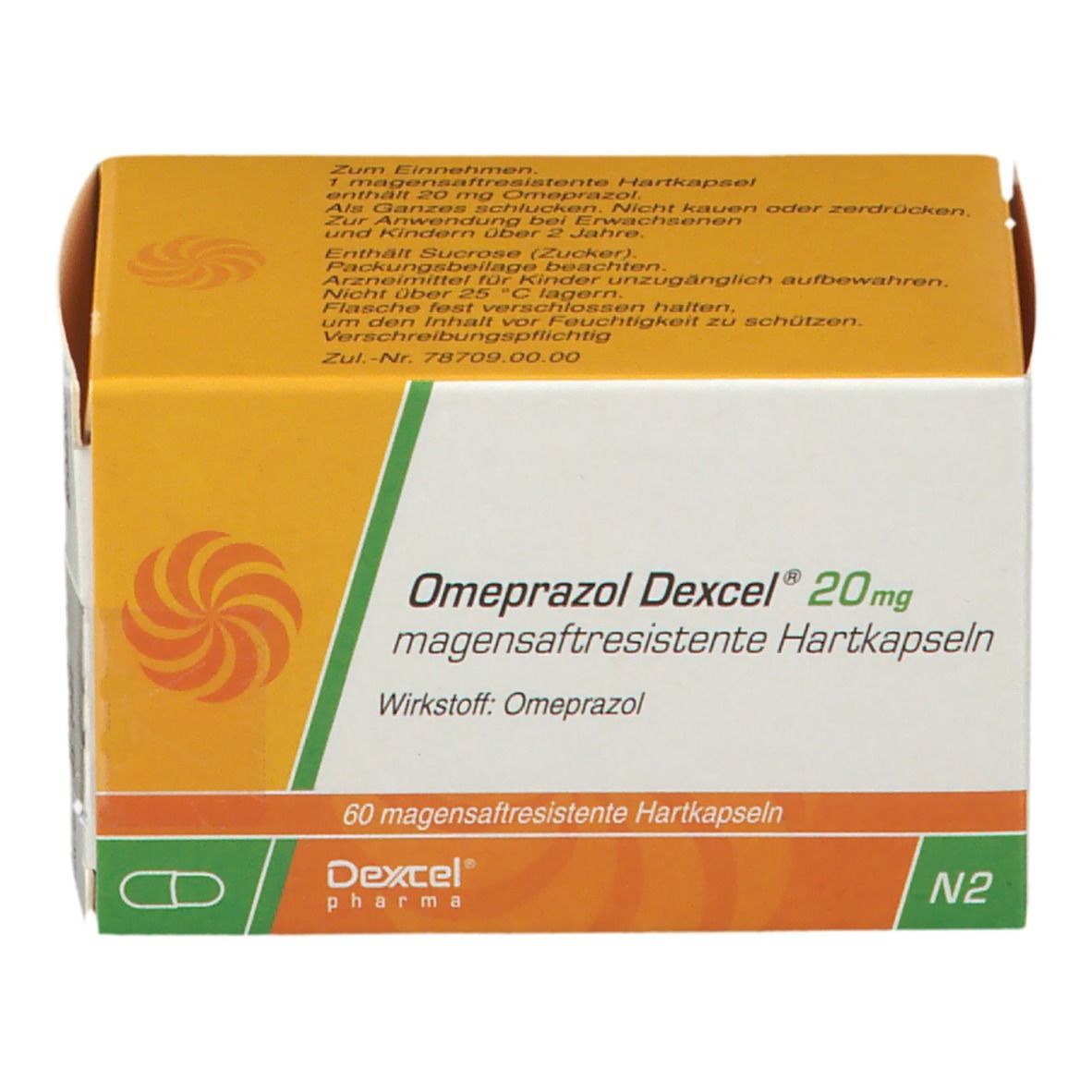 Karton Omeprazol Dexcel 20 mg, magensaftresistente Hartkapseln. Gelb-weiß, Text und Logo. 60 Kapseln. Dexcel Pharma.