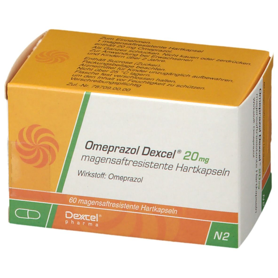 Karton Omeprazol Dexcel 20 mg, magensaftresistente Hartkapseln. Gelb-weiß, Text und Logo. 60 Kapseln. Dexcel Pharma.