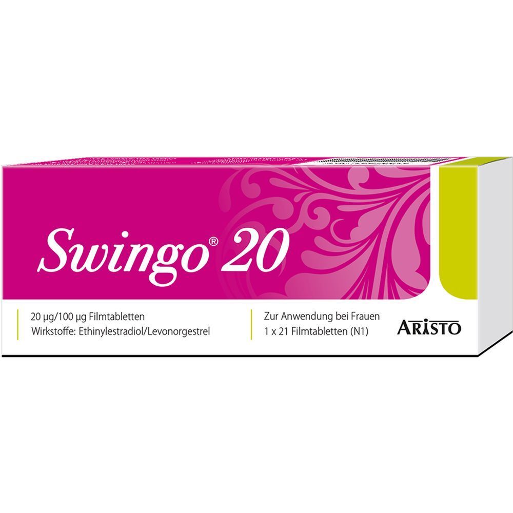 Verpackung von Swingo 20 Aristo. Rosa-weiße Schachtel mit Produktnamen und Informationen. Aristo-Logo.