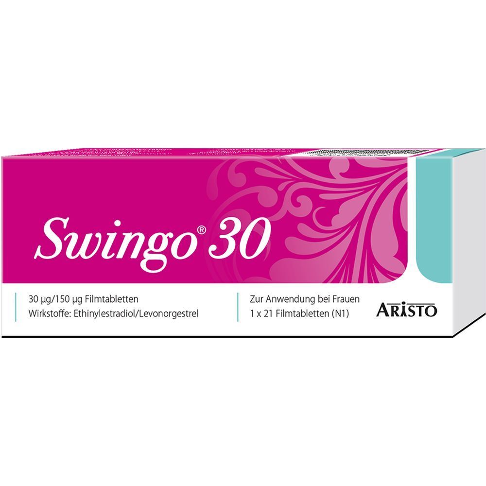 Schachtel mit Produktnamen Swingo 30. Pinke Verpackung mit weißer Schrift und floralem Muster. Aristo-Logo.