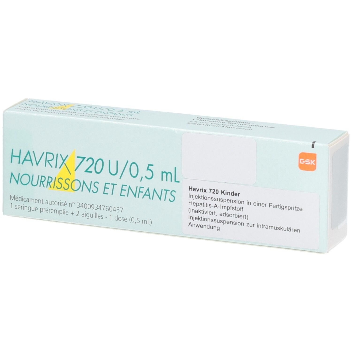 Packung Havrix 720 U/0,5 ml für Säuglinge und Kinder, Hepatitis-A-Impfstoff.
