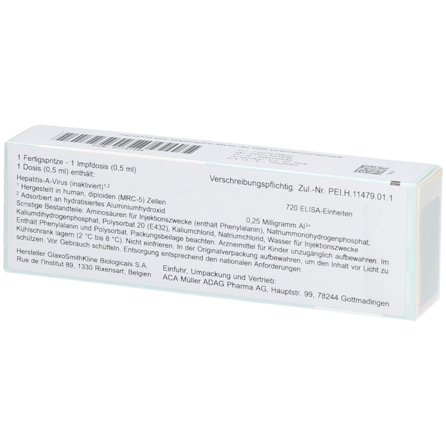 Rückseite der Packung Havrix 720 U/0,5 ml, enthält Informationen zur Zusammensetzung und Anwendung.
