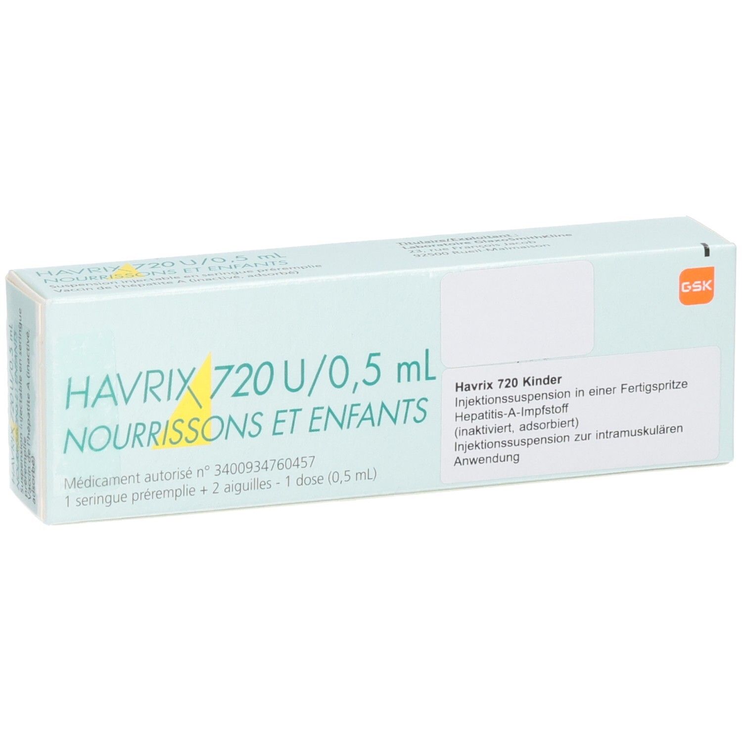 Packung Havrix 720 U/0,5 ml Injektionssuspension für Kinder.