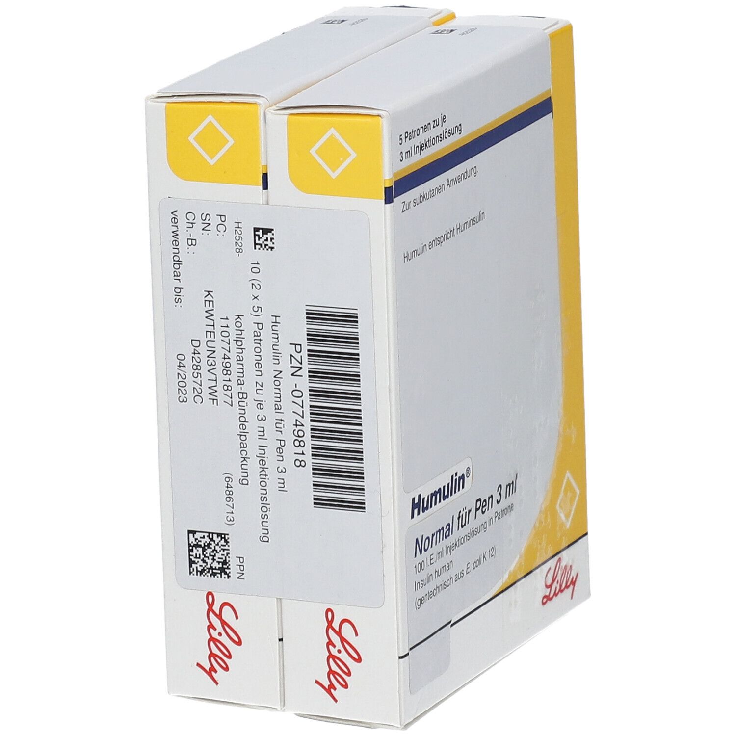 Zwei Humulin Normal Packungen. Aufschrift: 10 (2 x 5) Patronen zu 3 ml Injektionslösung. Barcode. Lilly Logo.