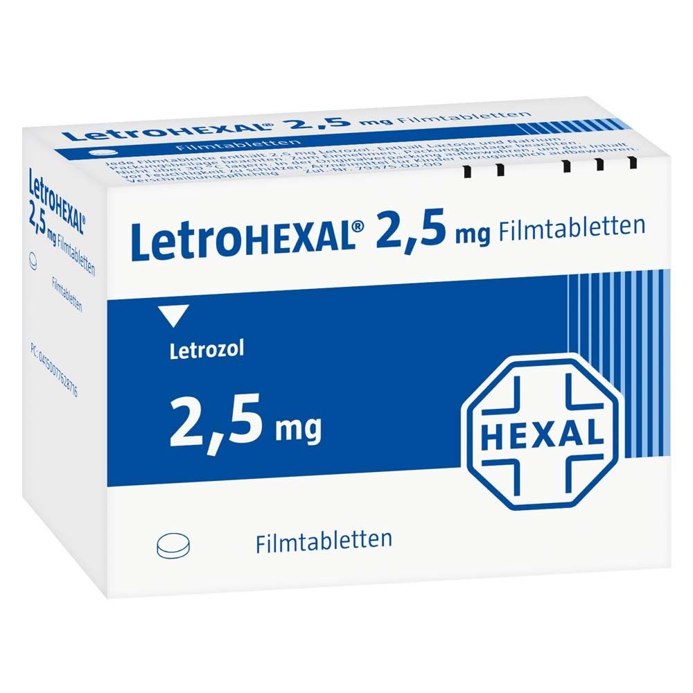 Schachtel mit LETROHEXAL 2,5 mg Filmtabletten. Blaue und weiße Verpackung mit Produktnamen, Dosierung und Logo.