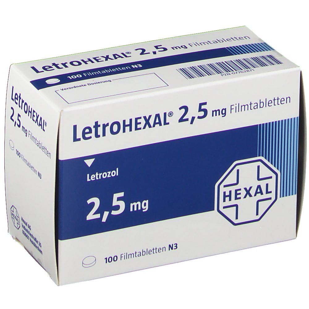 Schachtel LETROHEXAL 2,5 mg Filmtabletten. Blaue und weiße Verpackung mit Produktnamen, Dosierung und Logo.