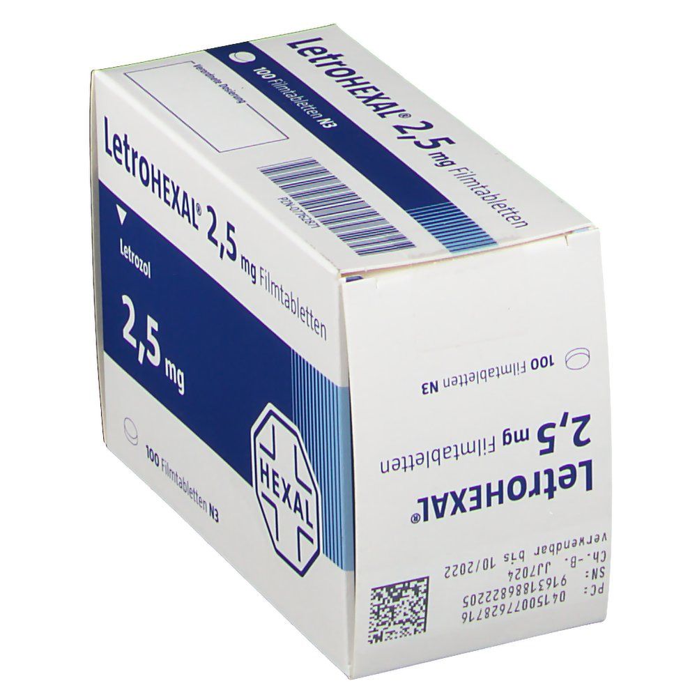 Schachtel LETROHEXAL 2,5 mg Filmtabletten, schräg. Blaue und weiße Verpackung mit Produktnamen, Dosierung und Logo.