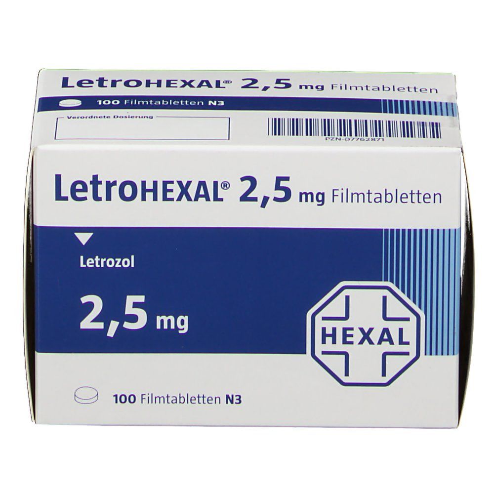 Schachtel LETROHEXAL 2,5 mg Filmtabletten. Blaue und weiße Verpackung mit Produktnamen, Dosierung und Logo.