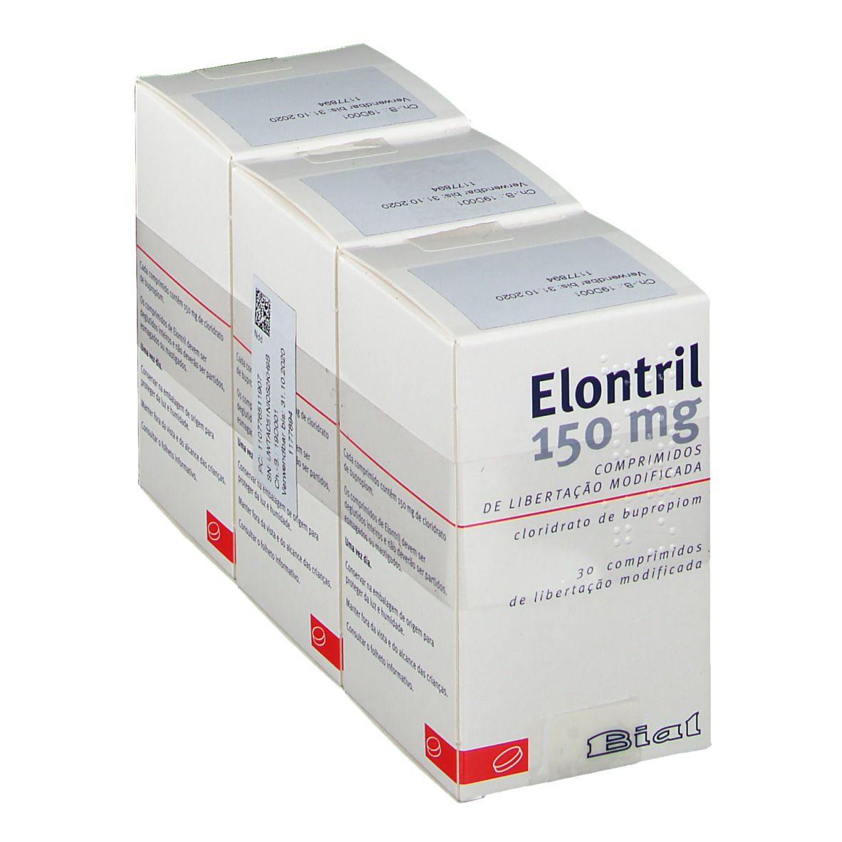 Drei weiße Kartons mit ELONTRIL 150 mg. Aufdruck: 30 Tabletten, modifizierte Wirkstofffreisetzung. Marke: Bial.