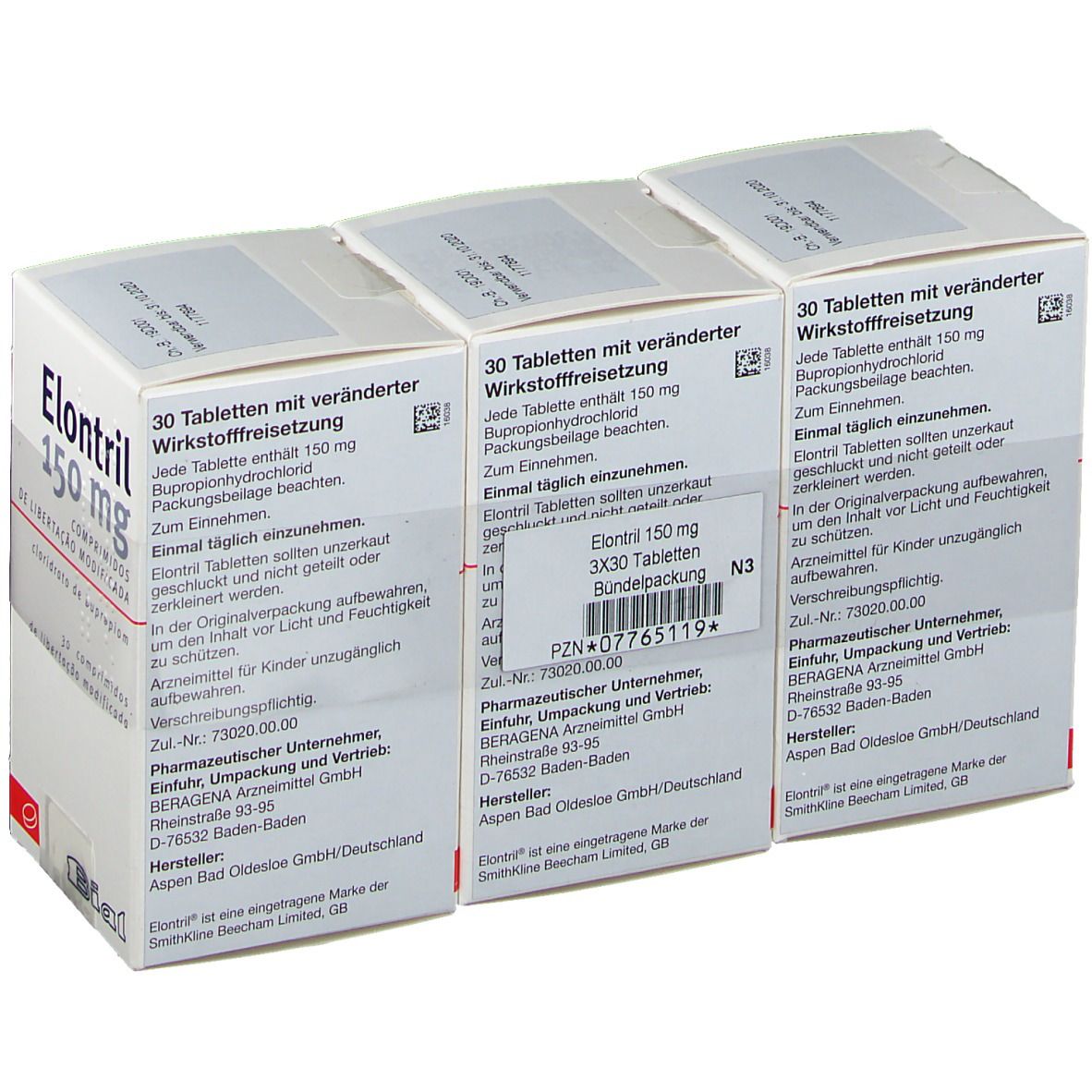 Drei weiße Kartons mit ELONTRIL 150 mg. Aufdruck: 30 Tabletten, modifizierte Wirkstofffreisetzung. Marke: Bial.