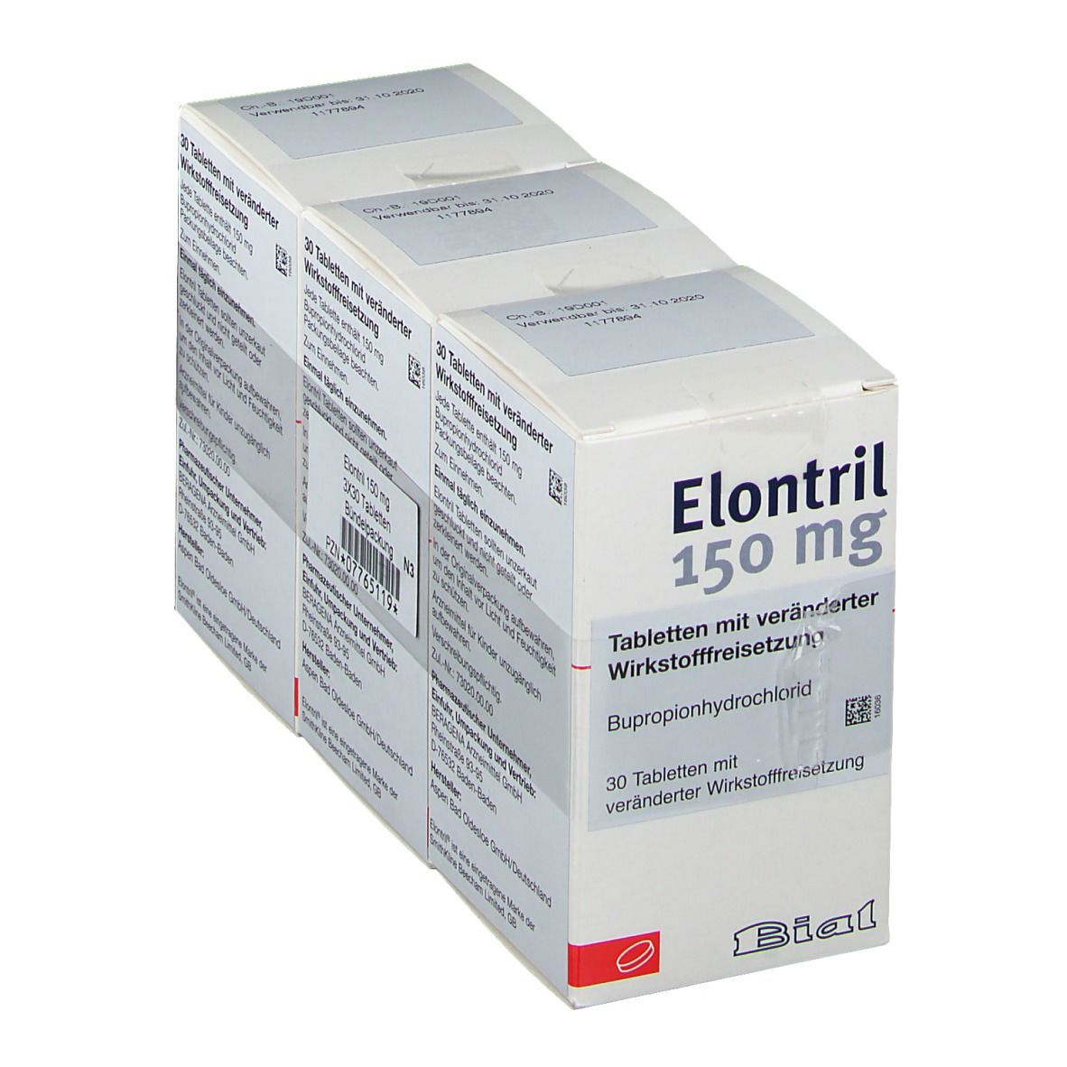 Drei weiße Kartons mit ELONTRIL 150 mg. Aufdruck: 30 Tabletten, modifizierte Wirkstofffreisetzung. Marke: Bial.