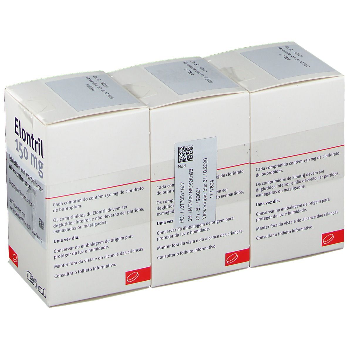 Drei weiße Kartons mit ELONTRIL 150 mg. Aufdruck: 30 Tabletten, modifizierte Wirkstofffreisetzung. Marke: Bial.