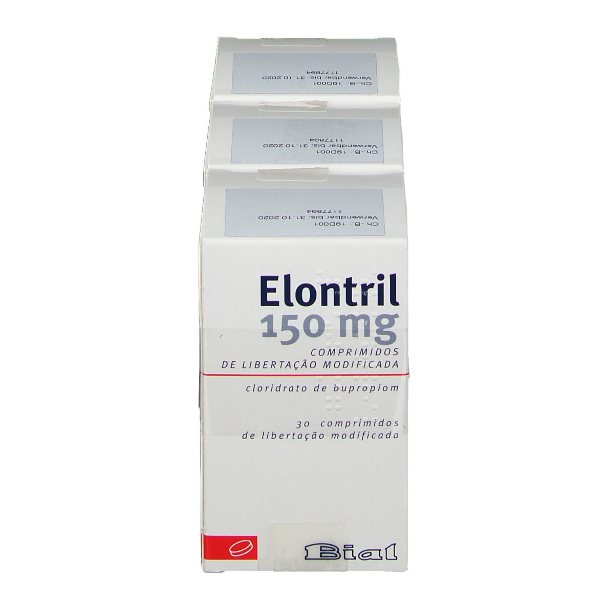 Zwei weiße Kartons mit ELONTRIL 150 mg. Aufdruck: 30 Tabletten, modifizierte Wirkstofffreisetzung. Marke: Bial.