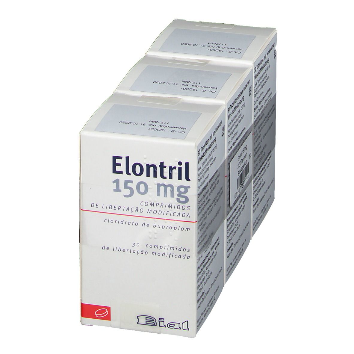 Drei weiße Kartons mit ELONTRIL 150 mg. Aufdruck: 30 Tabletten, modifizierte Wirkstofffreisetzung. Marke: Bial.