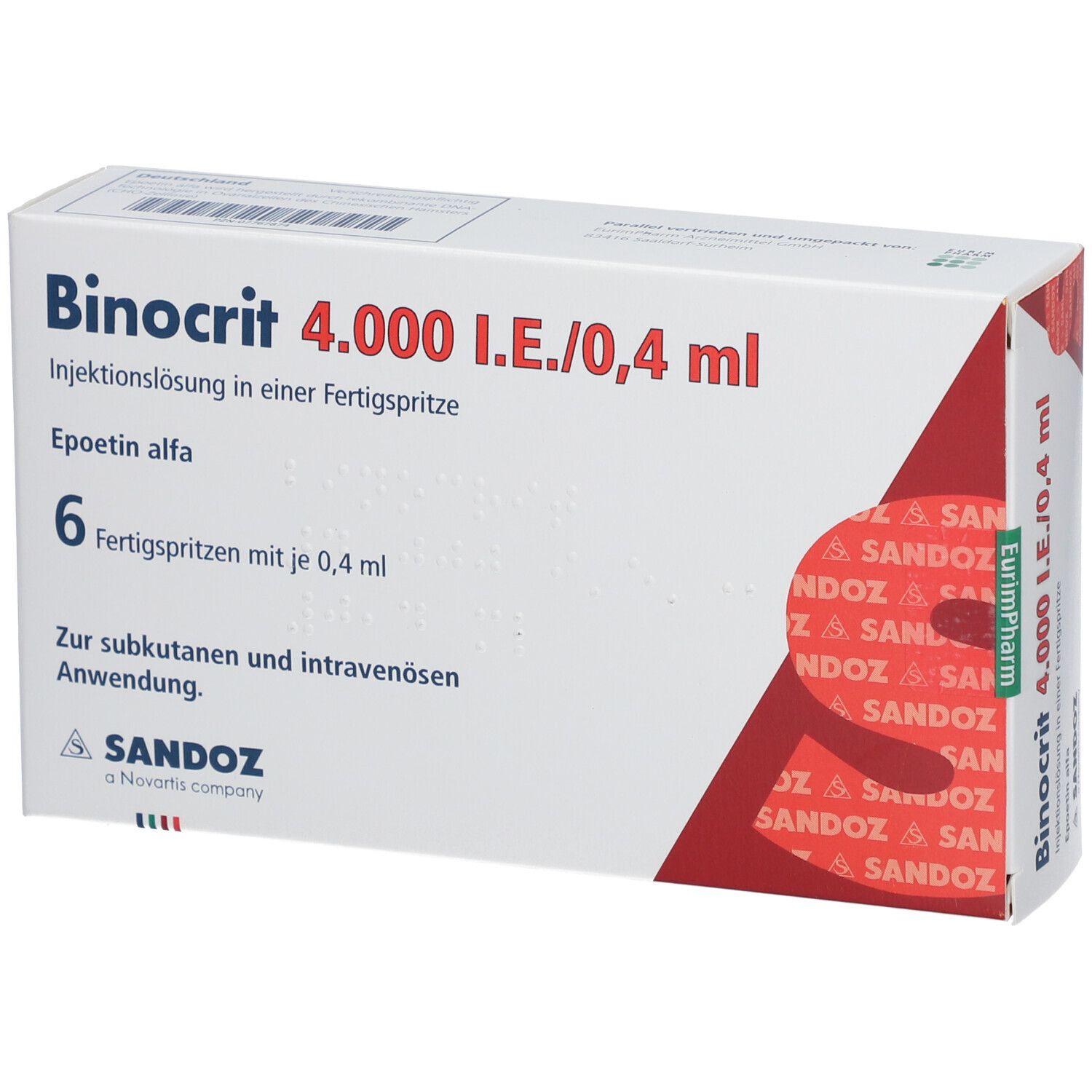 Schachtel mit Binocrit 4.000 I.E./0,4 ml. Enthält 6 Fertigspritzen. Marke Sandoz. Text in Deutsch.