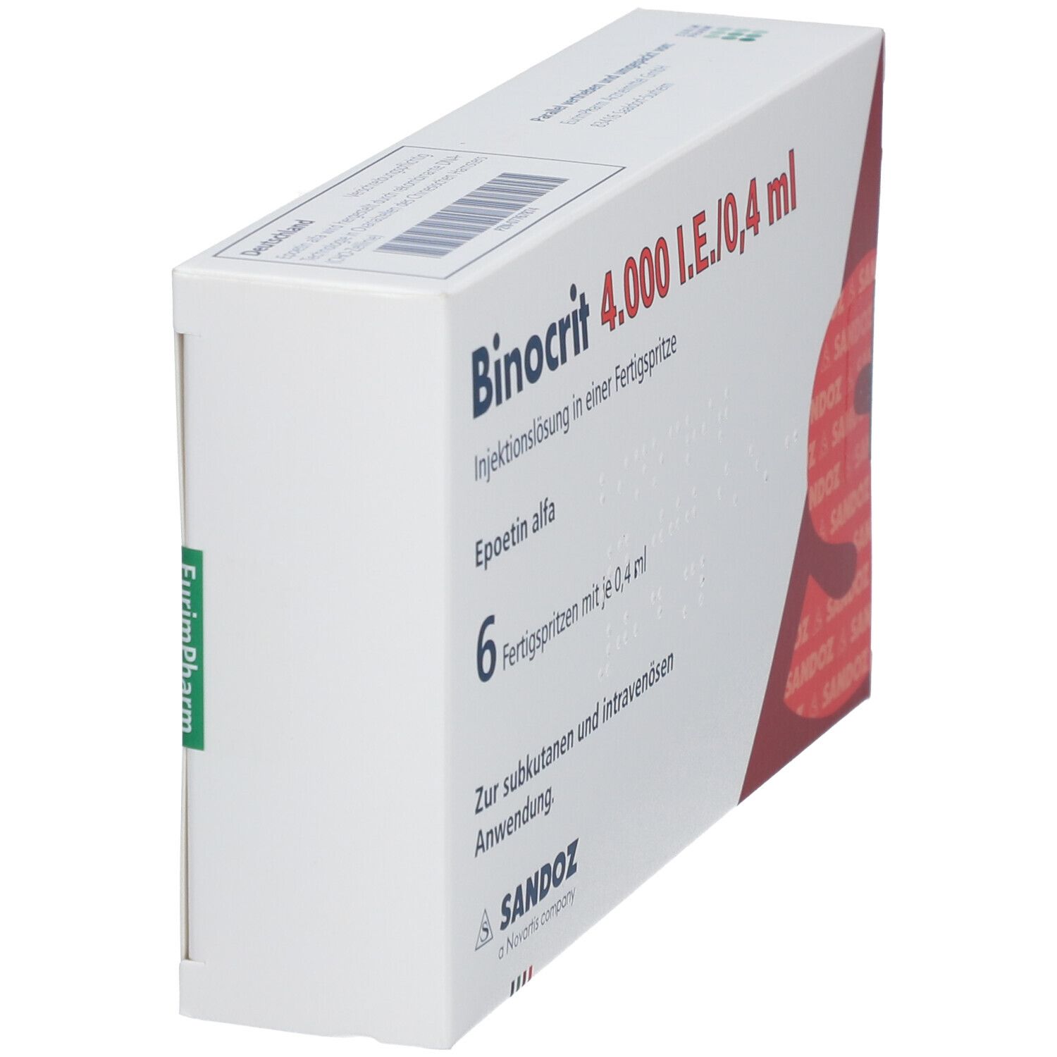 Schachtel Binocrit 4.000 I.E./0,4 ml. Marke Sandoz. Seitenansicht. Text in Deutsch.