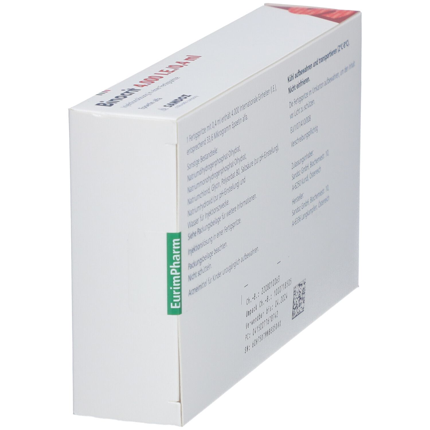 Seite der Binocrit-Schachtel. Text in Deutsch. Enthält Informationen zum Hersteller und Chargennummer.