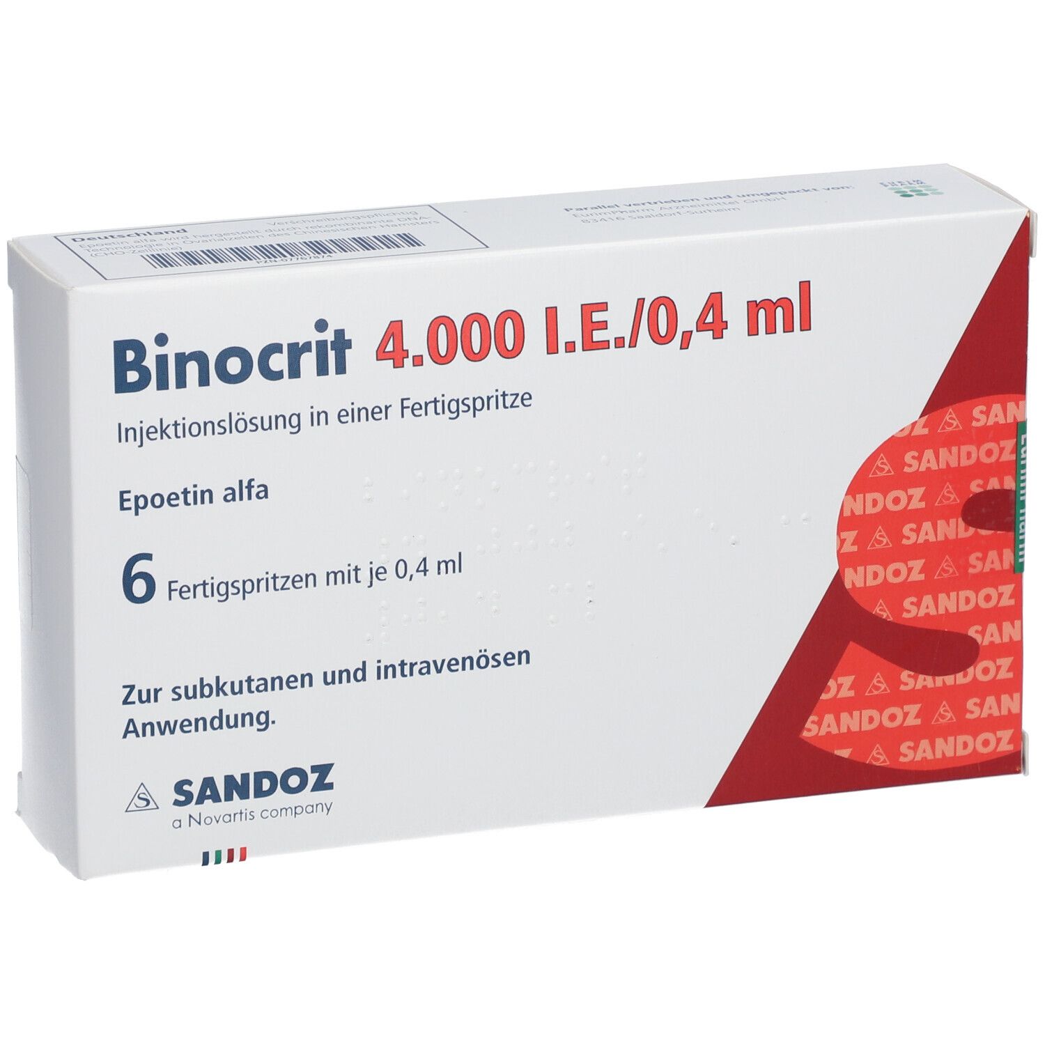 Schachtel mit Binocrit 4.000 I.E./0,4 ml. Enthält 6 Fertigspritzen. Marke Sandoz. Text in Deutsch.