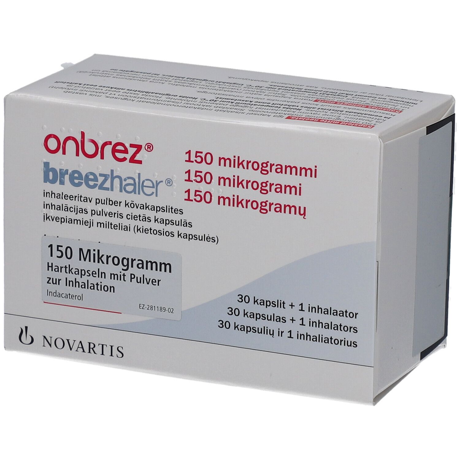 Schachtel mit Produktnamen und Dosierung. Enthält 30 Kapseln und einen Inhalator. Novartis Logo.