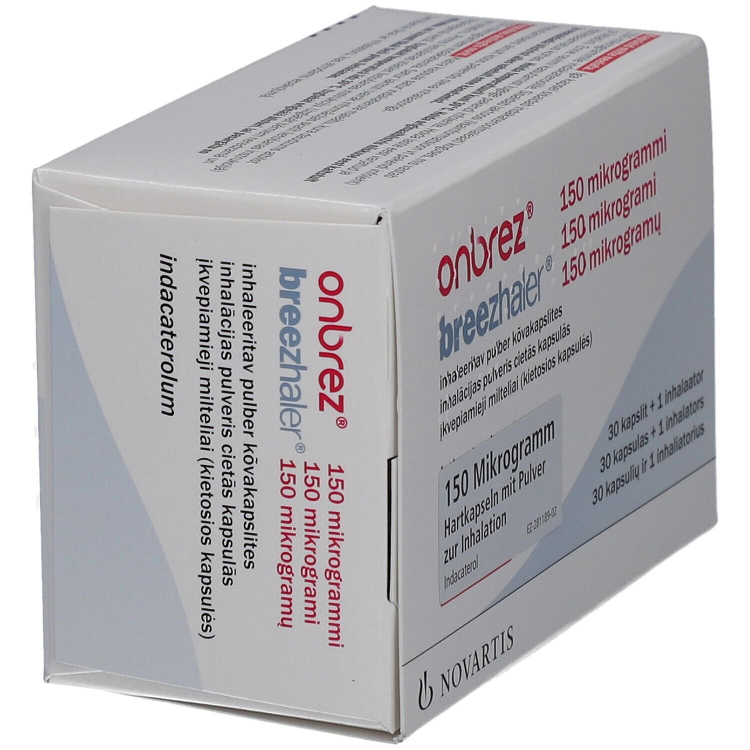 Schachtel mit Produktnamen und Dosierung. Enthält 30 Kapseln und einen Inhalator. Novartis Logo.