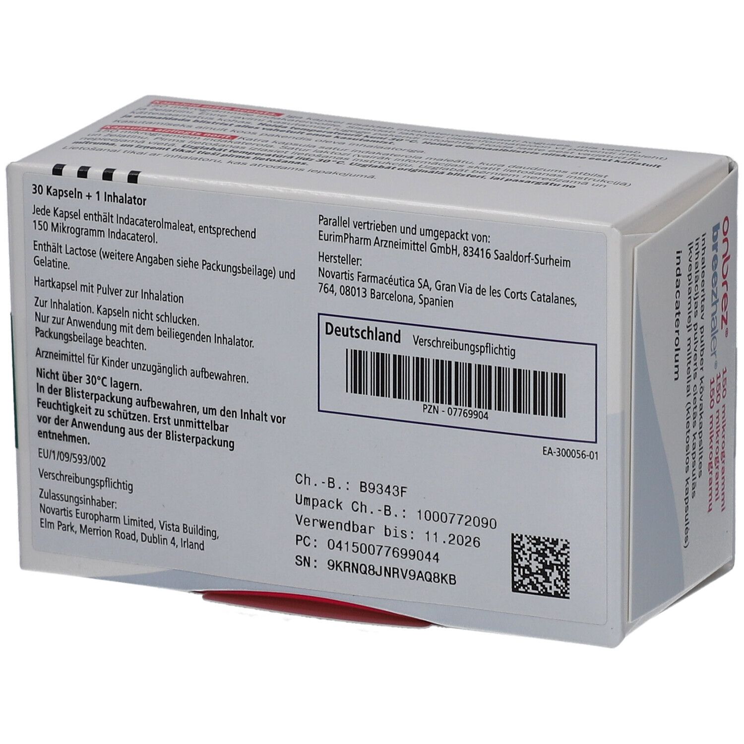 Rückseite der Schachtel mit Produktinformationen, Barcode und Herstellerangaben. Text in Deutsch.