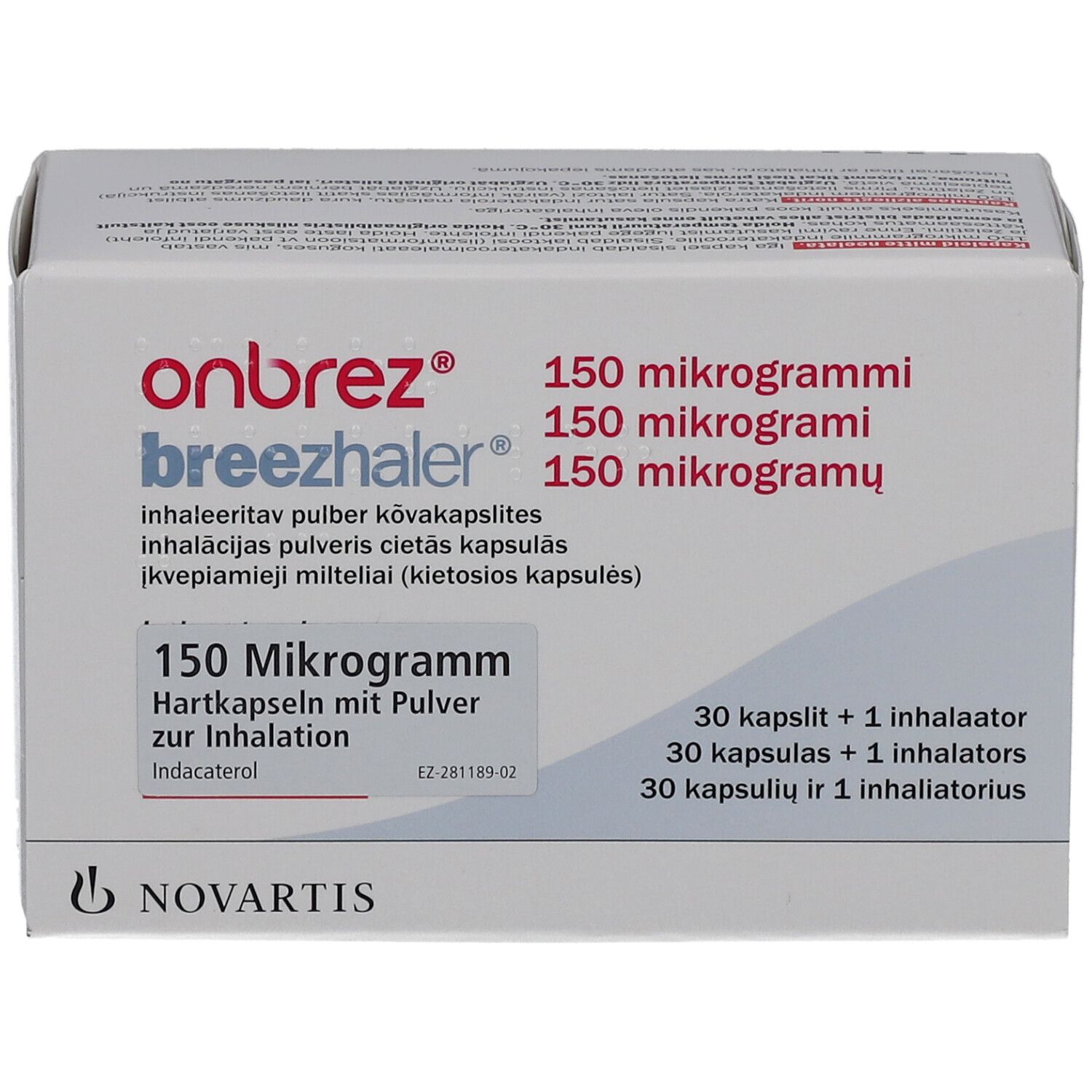 Schachtel mit Produktnamen und Dosierung. Enthält 30 Kapseln und einen Inhalator. Novartis Logo.