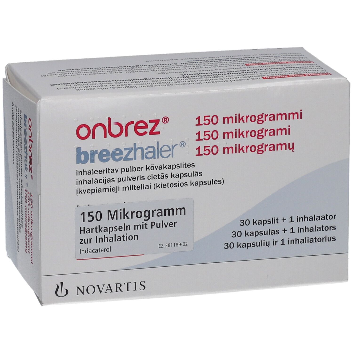 Schachtel mit Produktnamen und Dosierung. Enthält 30 Kapseln und einen Inhalator. Novartis Logo.