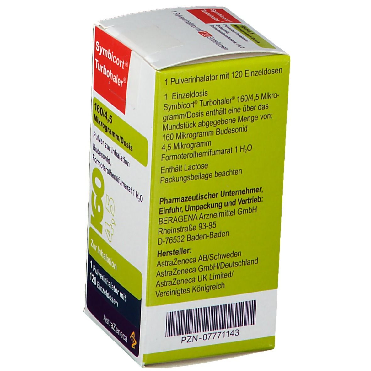 Rückseite der Schachtel mit SYMBICORT Turbohaler 160/4,5. Text: 1 Pulverinhalator mit 120 Einzeldosen. Hersteller AstraZeneca. Barcode und PZN-Nummer.