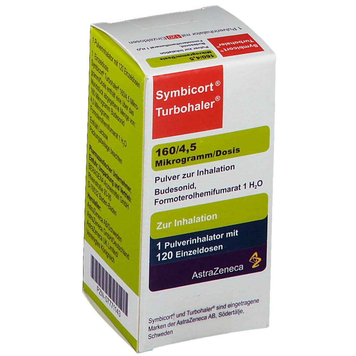 Schachtel mit SYMBICORT Turbohaler 160/4,5. Aufschrift: 160/4,5 Mikrogramm/Dosis, Pulver zur Inhalation, 1 Pulverinhalator mit 120 Einzeldosen. AstraZeneca Logo.