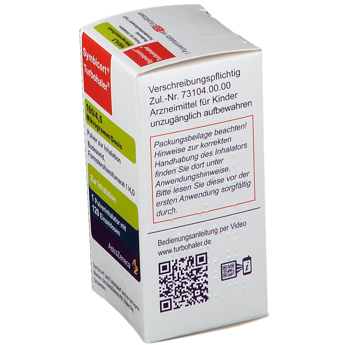 Rückseite der Schachtel mit SYMBICORT Turbohaler 160/4,5. Text: Verschreibungspflichtig, Packungsbeilage beachten, QR-Code und AstraZeneca Logo.