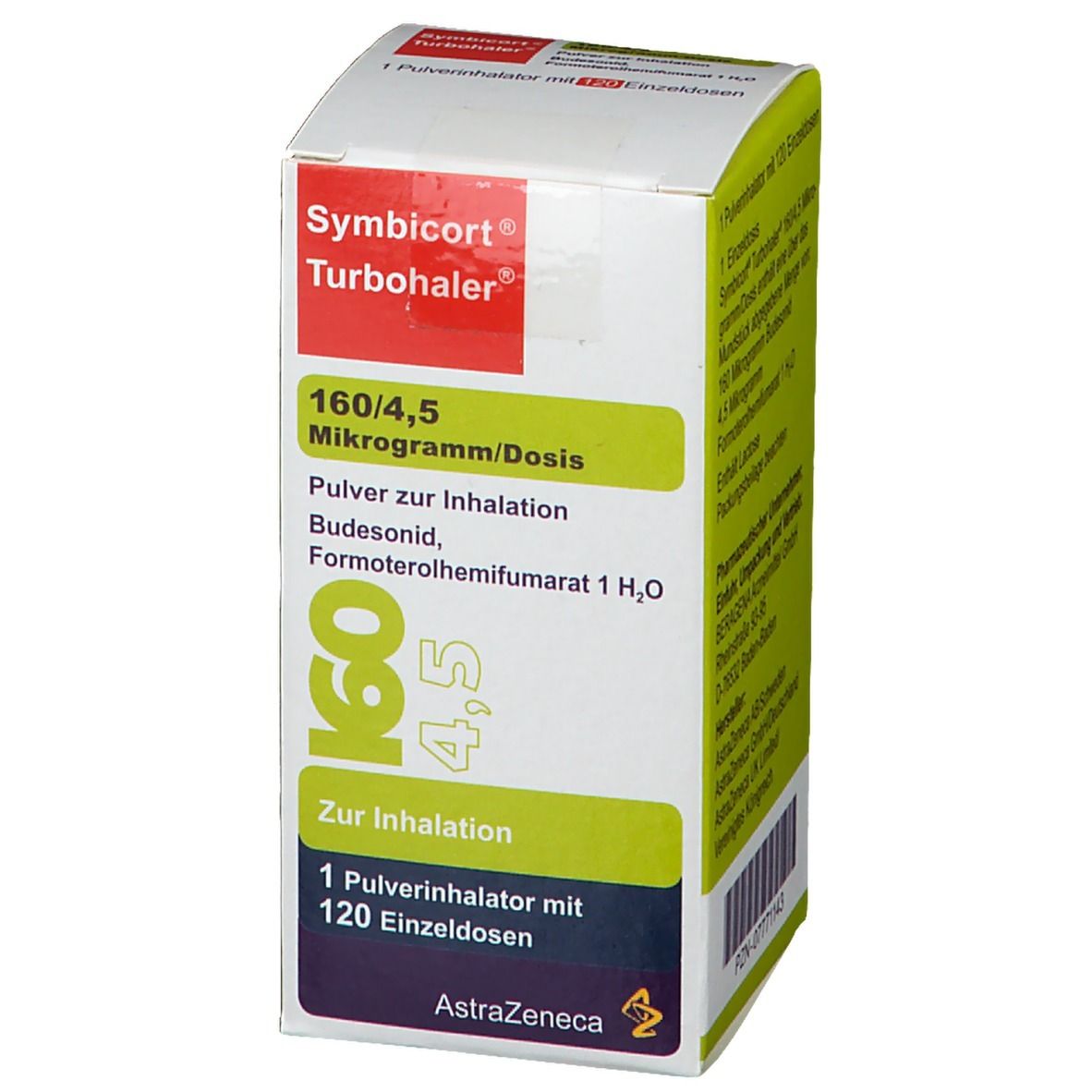 Schachtel mit SYMBICORT Turbohaler 160/4,5. Aufschrift: 160/4,5 Mikrogramm/Dosis, Pulver zur Inhalation, 1 Pulverinhalator mit 120 Einzeldosen. AstraZeneca Logo.
