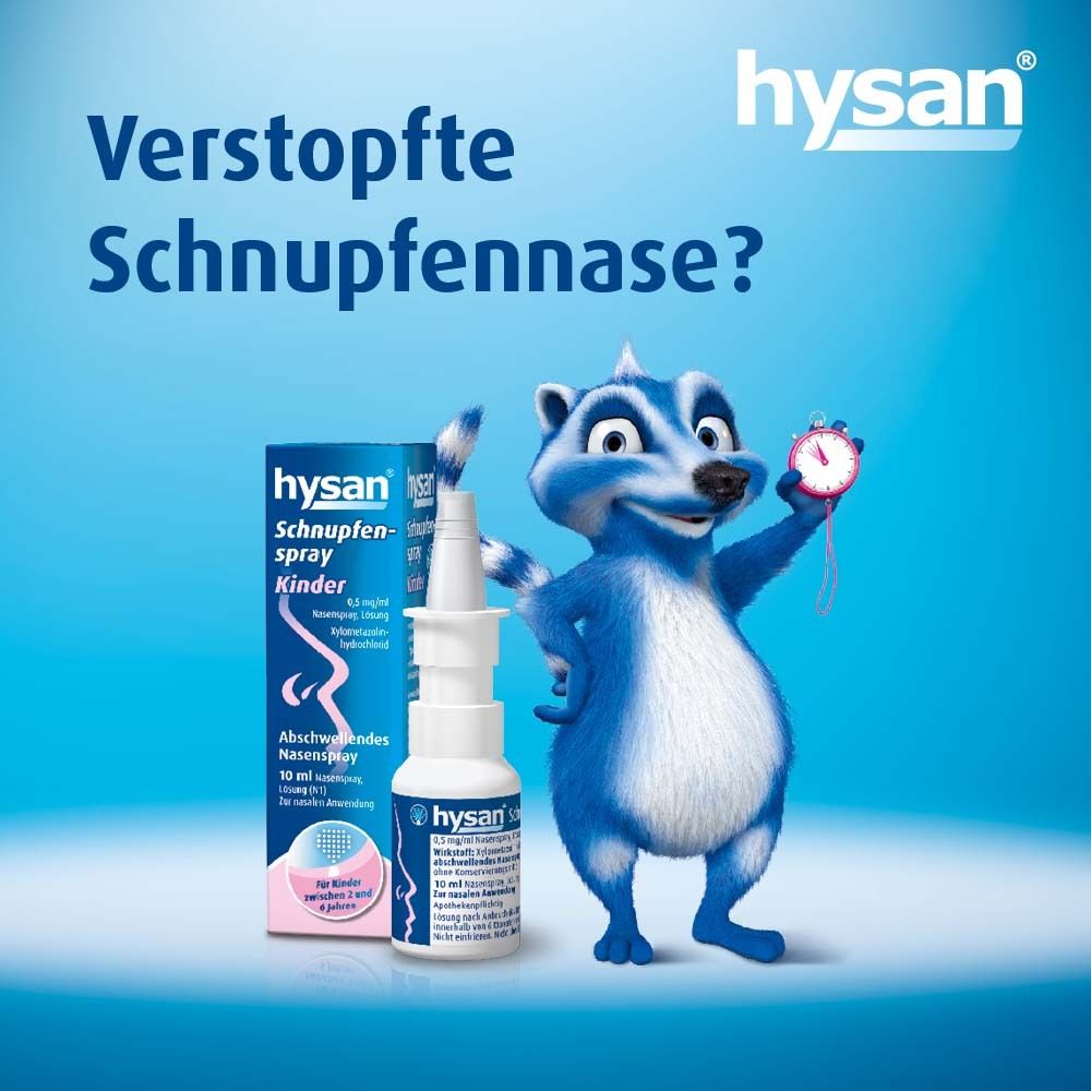 Cartoon-Waschbär mit Stoppuhr neben Produkt. Text: Verstopfte Schnupfennase?