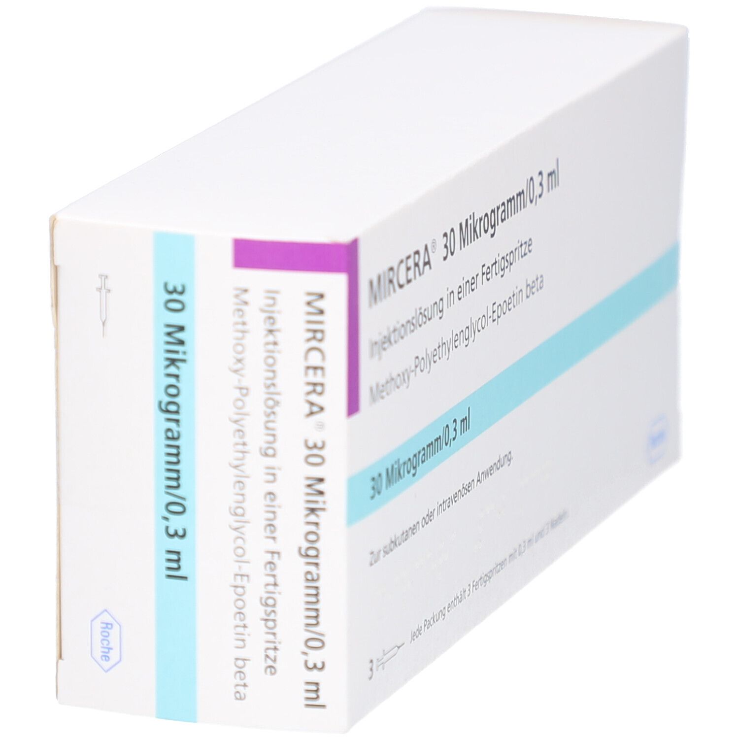 Schachtel MIRCERA 30 Mikrogramm/0,3 ml. Weiße Verpackung mit blauen und violetten Akzenten. Roche-Logo.