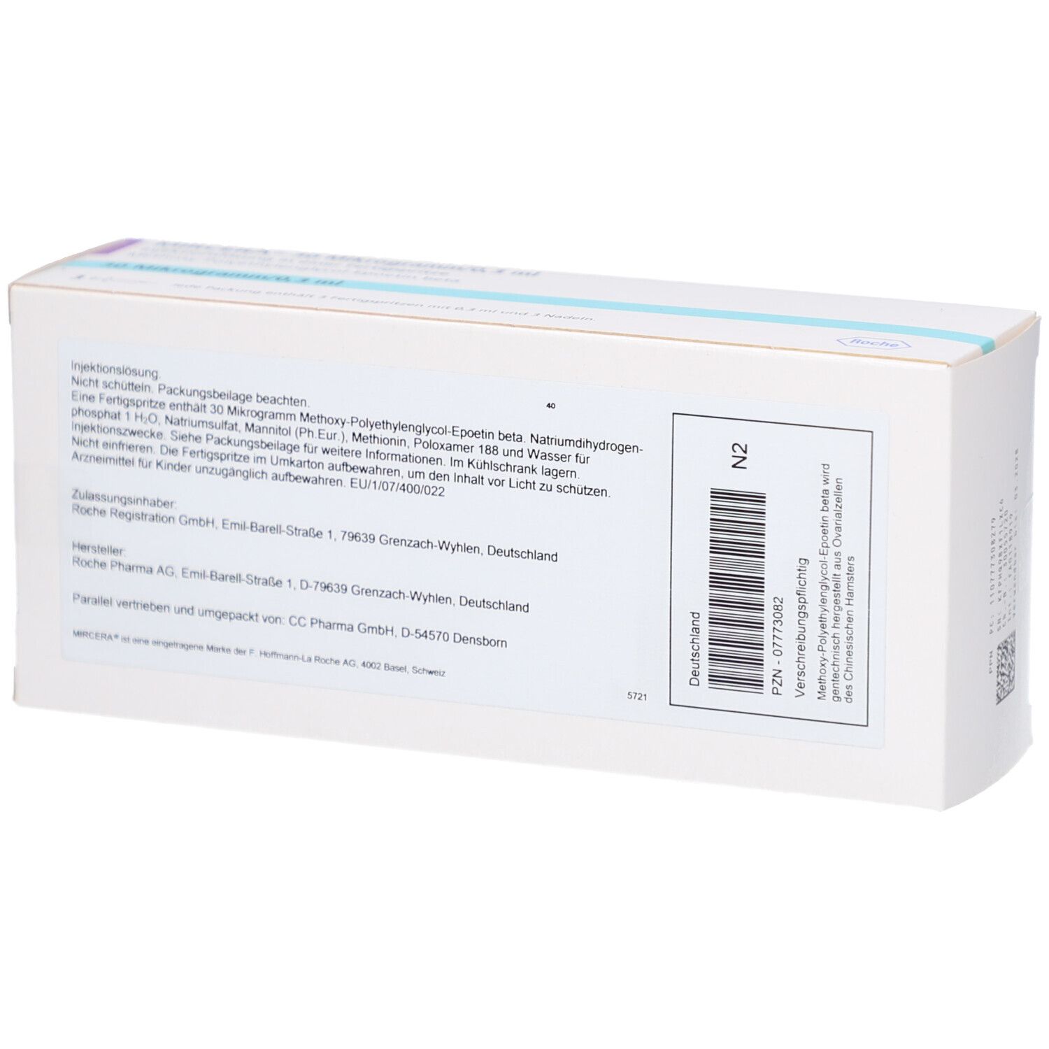 Rückseite der MIRCERA-Verpackung. Enthält Informationen und Barcode. Weiße Verpackung.