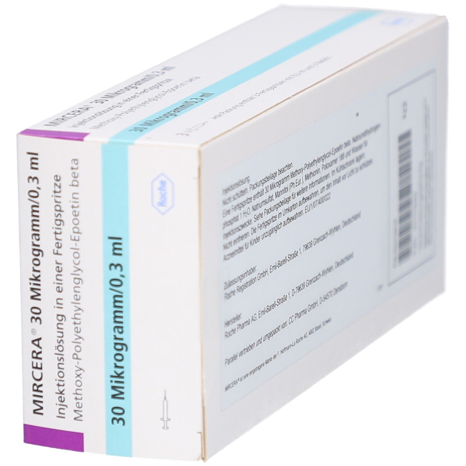 MIRCERA 30 Mikrogramm/0,3 ml Verpackung. Weiße Schachtel mit blauen und violetten Details. Roche-Logo.