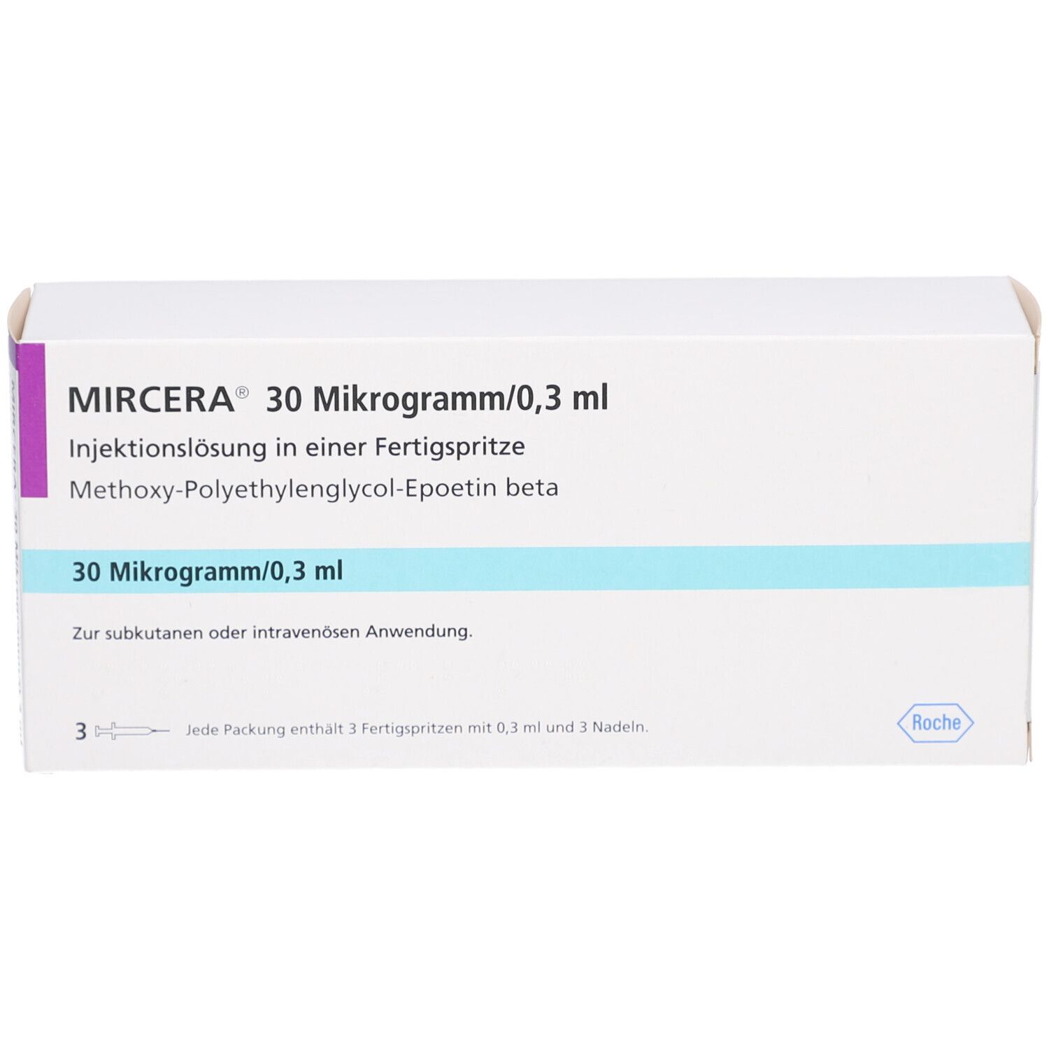 Weiße Verpackung mit Aufschrift MIRCERA 30 Mikrogramm/0,3 ml. Enthält Fertigspritzen. Roche-Logo.