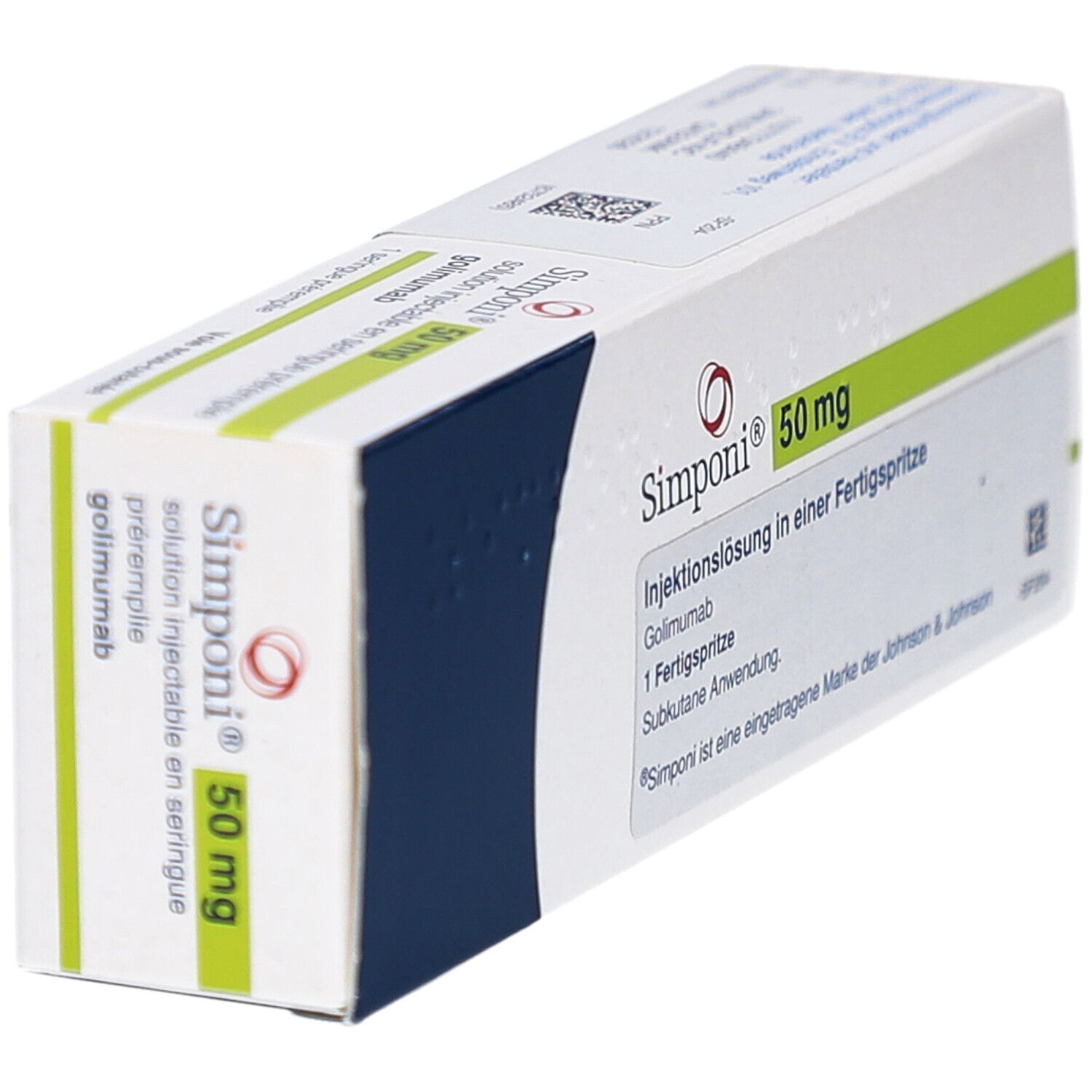 Schachtel Simponi 50 mg. Aufschrift: Injektionslösung in einer Fertigspritze. Logo und Markenname deutlich sichtbar.