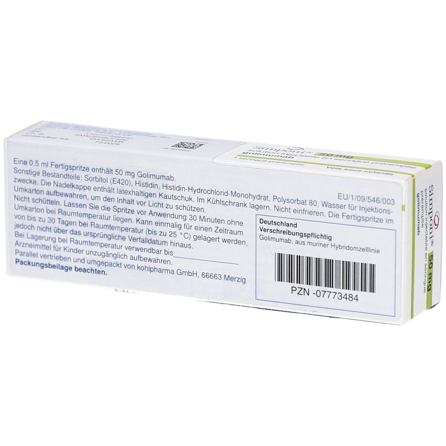 Rückseite der Simponi 50 mg Schachtel. Enthält Informationen zu Inhaltsstoffen und Lagerung. Text in Deutsch.