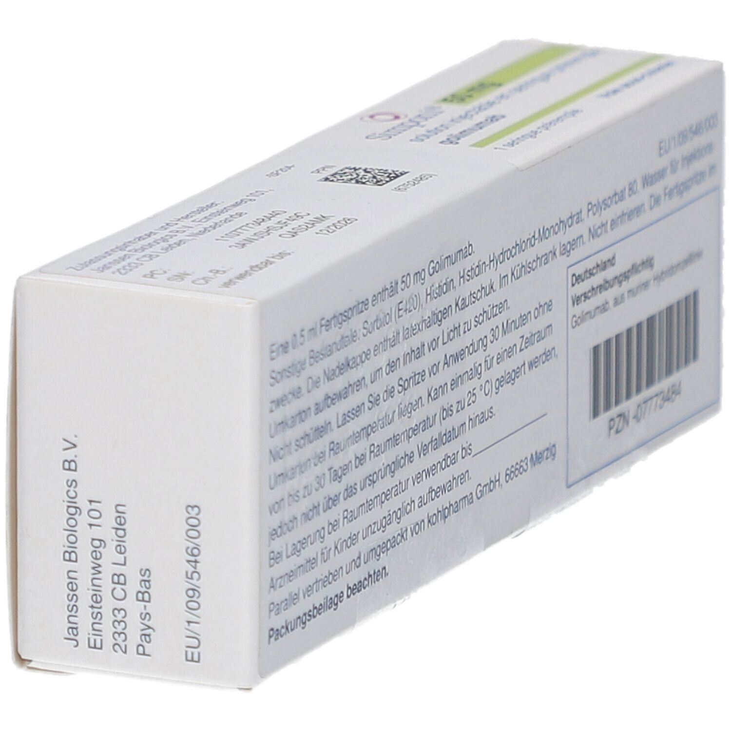 Rückseite der Simponi 50 mg Schachtel. Enthält Informationen zu Inhaltsstoffen und Lagerung. Text in Deutsch.